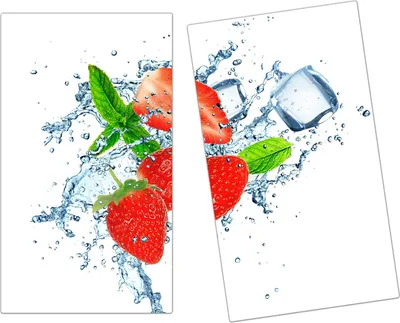 Produktbild von Spritzschutz Herdabdeckplatte Schneidebrett aus Glas Erdbeere auf Wassersplash 2-Teilig (60x52cm)
