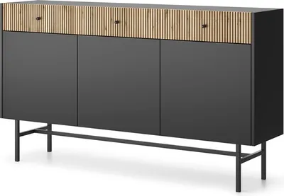 Produktbild von Kommode DIVA 3D2SZ Sideboard Schrank Highboard Lammelen (Schwarz matt + Eiche evoke Lamellen)