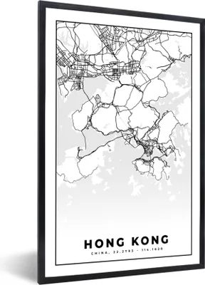 Produktbild von MuchoWow® Gerahmtes Poster Karte - Hongkong - Schwarz und weiß - Stadtplan - Karte 60x90 cm - Poster mit Schwarzem Bilderrahmen Wandposter Rahmen Foto Bilder - Kunst