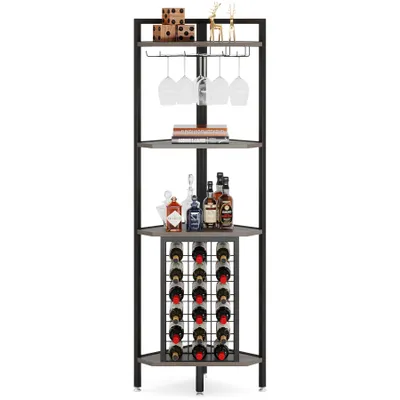 Produktbild von Tribesigns Weinregal Freistehender Boden,4-stöckiges Eck-Weinregal mit Glashalter & Weinaufbewahrung, industrielles Weinregal Weinbar Schrank, Grau