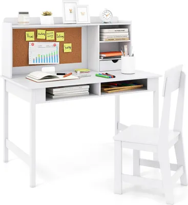 Zdjęcie produktu dla COSTWAY Biurko dla dzieci, zestaw biurka dla dzieci, biurko młodzieżowe z tablicą korkową, krzesłem, nadstawką, szufladą i półkami, dla dzieci od 3+, białe