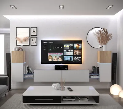 Produktbild von Furnitech Wohnwand Wohnzimmer - Wohnzimmer Möbel mit LED RGB - 16 Farben - Hängend Wohnwand Modern - Regale und TV Schrank (AN104-21SW-M8 1B)
