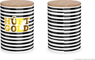 Produktbild von La Vida Vorratsdose Hüftgold Porzellan mit Bambusdeckel Streifen schwarz weiß gold 11x16cm