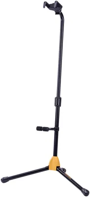 A black and yellow guitar stand is shown against a white background.