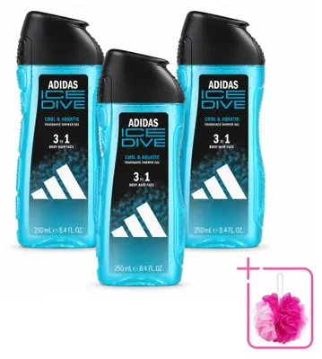 Imagen del producto de 3 unidades de gel de ducha Adidas 3 en 1, aroma Ice Dive, 250 ml cada uno. Pack ahorro