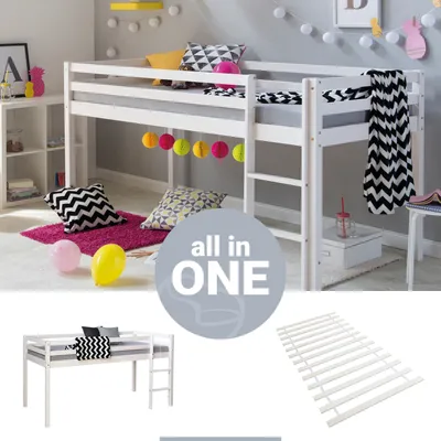 Produktbild von Homestyle4u Hochbett 90x200 mit Lattenrost Leiter Kinderbett Weiß Kiefer Massiv Jugendbett