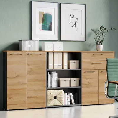 Produktbild von Büromöbel Aktenschrank Set home office abschließbar AURAY-01 in Graphit mit Grandson-Eiche, BxHxT: ca. 240x120x40 cm
