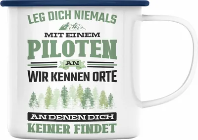 Produktbild von Trendation - Pilot Geschenk Emaille Tasse Flugzeug Fliegen Geschenkidee Piloten Emaille Emaille Tasse (Blau)