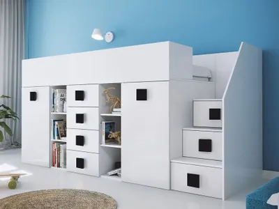 Produktbild von Kinderhochbett mit Stauraum und Schreibtisch Willy – schwarze Griffe rechts