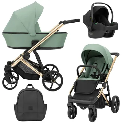 Immagine prodotto di Passeggino Kunert Arizo Premium 3in1 verde con telaio dorato, navicella e seggiolino sportivo