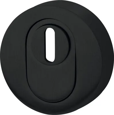 A black, round escutcheon plate with a keyhole slot.