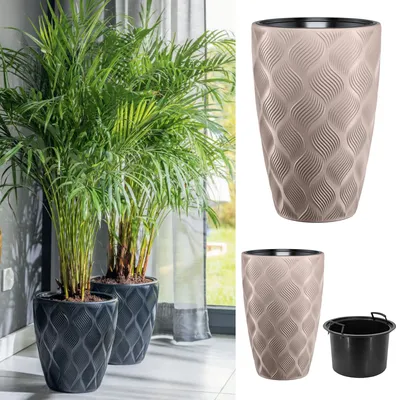 Produktbild von Blumenübertopf "Leaves Slim" mit herausnehmbaren Einsatz 2in1, 3D-Textur, Oval | Höhe: 48cm | Farbe: Taupe
