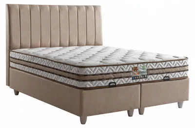 Image de Lit avec matelas, style moderne, revêtement en tissu beige, lit avec espace de rangement