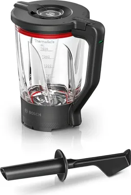 Produktbild von Bosch Zubehör MUZS6MX, Mixbecher, dickwandiges Thermosafe Glas, 1,5l, hitzebeständig, kältebeständig, spülmaschinengeeignet, mit Stopfer, für