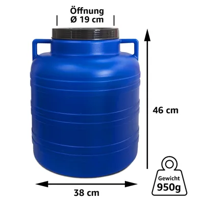 Produktbild von plasteo Weithalsfass Universalfass 40 Liter, lebensmittelecht und BPA-frei, mit Deckel und Griffen, HDPE, Blau, Ø 38 cm x H 46 cm