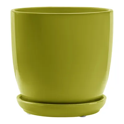 A green ceramic pot with a saucer, isolated on a white background.