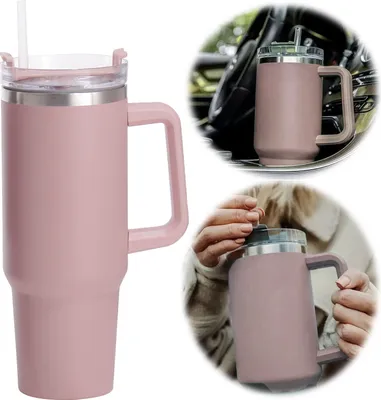 Produktbild von LS-LebenStil XL Edelstahl Trinkbecher Rosa 1200ml mit Griff Strohhalm Vakuum Tumbler Kaffeebecher Coffee to Go Thermobecher Isolierbecher 1,2 Liter