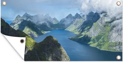 Produktbild von MuchoWow® 60x30 cm Outdoor-Poster Gartendeko Sichtschutz Garten Poster für den Garten  Blick über die Fjorde in Norwegen