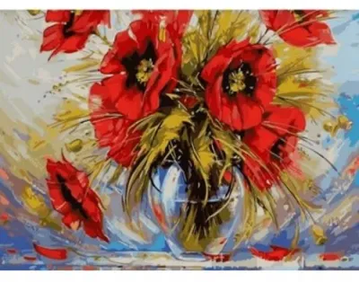 Produktbild von Malen nach Zahlen: Blumen, Mohnblumen in einer Vase, 40x50 cm, auf Leinwand, gerahmt. Kreatives Hobby