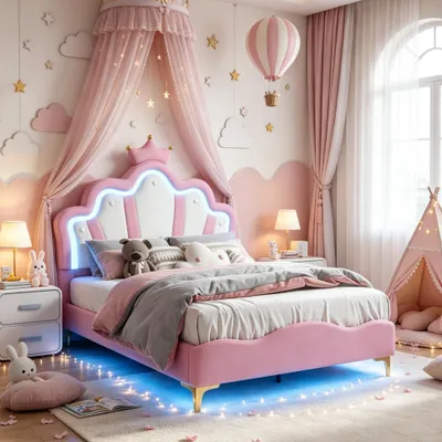 Produktbild von INONEFT Kinderbett 140x190cm, Polsterbett mit Led, Prinzessinnenbett mit kronenförmigem Kopfteil, Jugendbett, Einzelbett mit Lattenrost, PU, Rosa