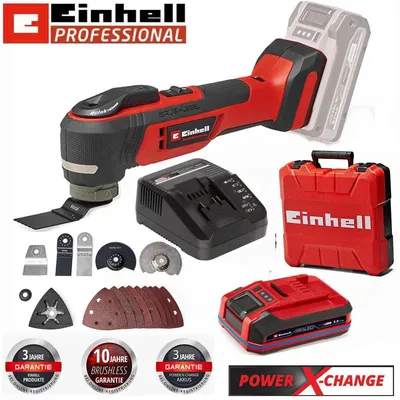 A collage of an Einhell Power X-Change multi-tool kit, including the tool, charger, battery, case, and various accessories.