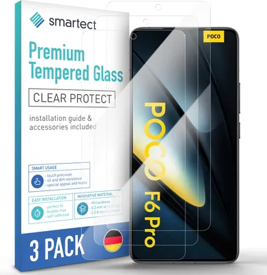 A product shot of screen protectors for a Xiaomi Poco F6 Pro phone, with packaging.