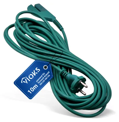 A coiled green power cord with a European plug and a tag attached.