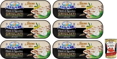 Produktbild von 6x AS do MAR Filetti di Sgombro Grigliati,Gegrillte Makrelenfilets in -Olivenöl Extra und Vollsalz,120g Dose + Italian Gourmet Polpa di Pomodoro 400g Dose