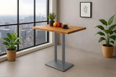 Produktbild von Bistrotisch Baumkante massiv Mango naturfarben Doppelsäulengestell silber 120 x 60 cm IAN