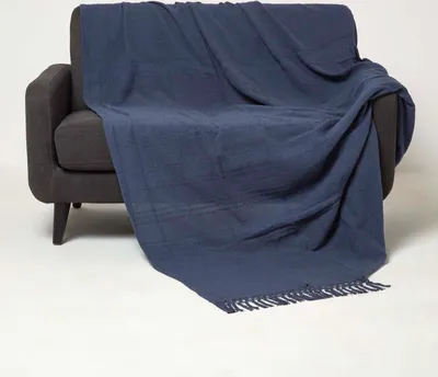 Immagine prodotto di HOMESCAPES Kashi Copriletto blu 225 x 255 cm – Copriletto in cotone con frange