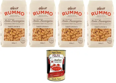 Produktbild von Rummo Tubetti Zita N°31 Hartweizengrieß Pasta Italienische Nudeln 4x500g Packung + Italian Gourmet Polpa di Pomodoro 400g Dose