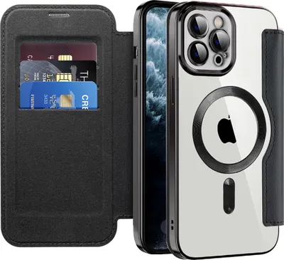 Image de Etui pour iPhone 11 Pro Max compatible avec MagSafe, étui transparent avec porte-cartes, étui en cuir avec protection de l'appareil photo noir