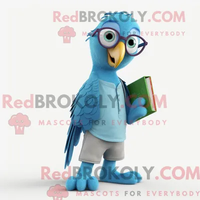 Produktbild von Maskottchen REDBROKOLY eines cyanfarbenen Papageis mit Schlagjeans und Lesebrille
