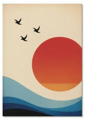 Produktbild von POSTER - 21x29 cm (A4) - 3 Steps - Abstrakte große Sonne blaue Wellen Vögel - Wandbild für Wohnzimmer Schlafzimmer & Flur, Modernes Poster Wanddeko, Ungerahmt