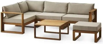 Image de Salon de jardin d'angle modulable, Bois d'acacia 6 personnes, Gris de lin, 255x168x75 cm, Housse incluse