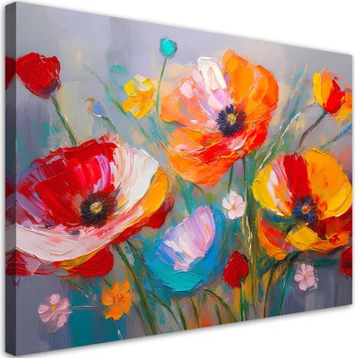 Produktbild von Leinwandbild Bunte gemalte Mohnblumen auf dem Feld 60x40 Feeby Bunt bild für die wand bereit zum aufhängen