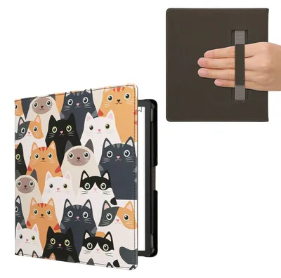 Produktbild von kwmobile Schutzhülle für Amazon Kindle Scribe (2022/2024) Hülle - eReader Flip Case mit Handschlaufe und Auto Sleep Funktion - Katzen mit Orange