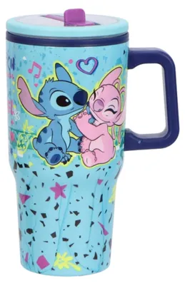 Produktbild von Disney Lilo & Stitch Isolierbecher doppelwandig mit Trinkhalm und Griff, 640 ml für kalte Getränke