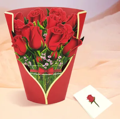 Image de Bouquet de fleurs en papier durable 3D 29 x 24,5 cm avec carte de vœux, Cadeau intemporel en fleurs de papier, Fleurs éternelles en papier - PETALORA Rose rouge