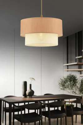 Produktbild von Opviq, Hochwertiger Kronleuchter, Metallkörper, Baumwollschirm (30 x 30 cm, Höhe: 20 cm), Gesamt-Höhe: 65 cm, E27, max. 60 W, , skandinavisches Design in Beige.