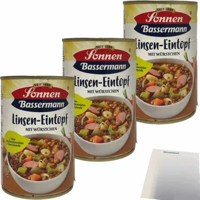 Produktbild von Sonnen Bassermann Linseneintopf mit Würstchen 3er Pack (3x400g Dose) + usy Block