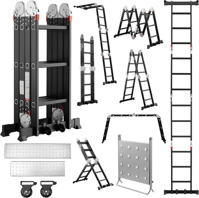 Produktbild von TEENO 7-in-1-Multifunktionsleiter, 3,6 m, 4 x 3 Stufen, Klappleiter aus Aluminium mit 2 Plattformen, Arbeitshalterung für Leiter, Gummifüße