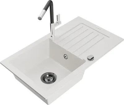 Produktbild von Mexen Pablo 1 Becken-Granitspüle mit Abtropffläche und Mischbatterie Flora, Weiß - 6510-20-670401-07-B