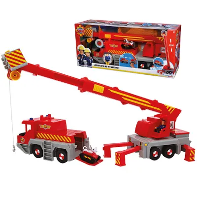 A toy fire truck with a crane and a small vehicle, shown with its packaging.