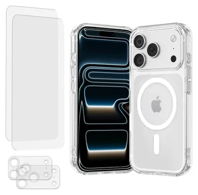 Produktbild von Sturzsichere Hülle, kompatibel mit MagSafe, für iPhone 17 Pro, transparent + 2 Displayschutzfolien und 2 Objektivschutzfolien - EVETANE