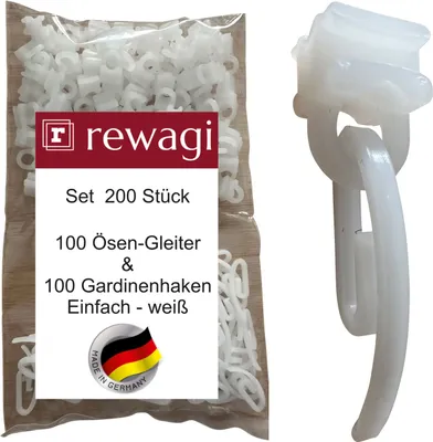Produktbild von rewagi 100 Gardinenhaken Einfach weiß & 100 Ösen-Gleiter SUW weiß, für Gardinenschiene Faltenhaken, Faltenlegehaken, Überklipshaken.