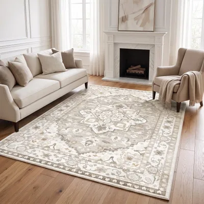 Productafbeelding van Vintage tapijten woonkamer wasbaar antislip vloerkleed, laagpolig, boho loungetapijt voor slaapkamer, kinderkamer, keuken - 80 x 150 cm, accentbeige