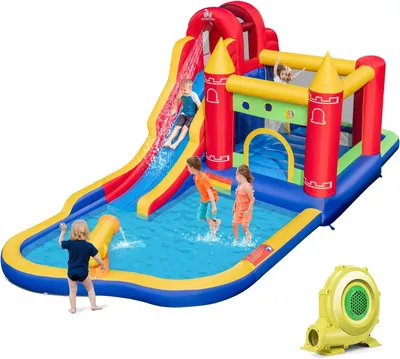 Produktbild von DREAMADE 7-in-1 Hüpfburg mit 680W Gebläse, Wasserpark Kinderhüpfburg mit Rutsche & Wasserbecken & Sprungbereich & Kletterwand & Wasserpistole