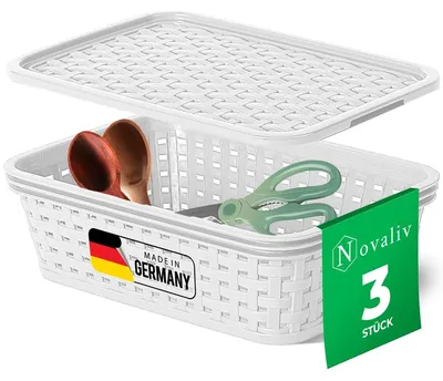 Produktbild von Novaliv 3er Set Aufbewahrungsbox mit Deckel Küche 1L Weiß Kunststoff Rattan-Optik Küche Aufbewahrung & Organisation BPA-Freie Schrank Organizer Ordnungsboxen für Teebeutel Snacks Gewürze