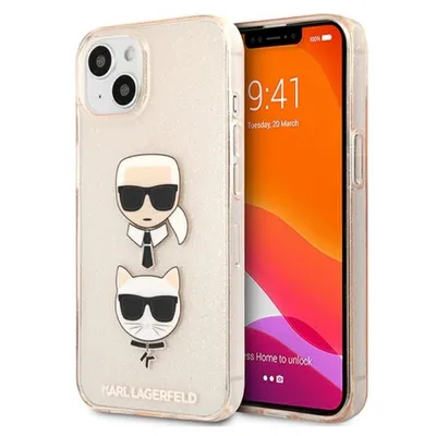 Produktbild von Karl Lagerfeld Glitzer Karl & Choupette Kopf - iPhone 13 mini Hülle (Gold)